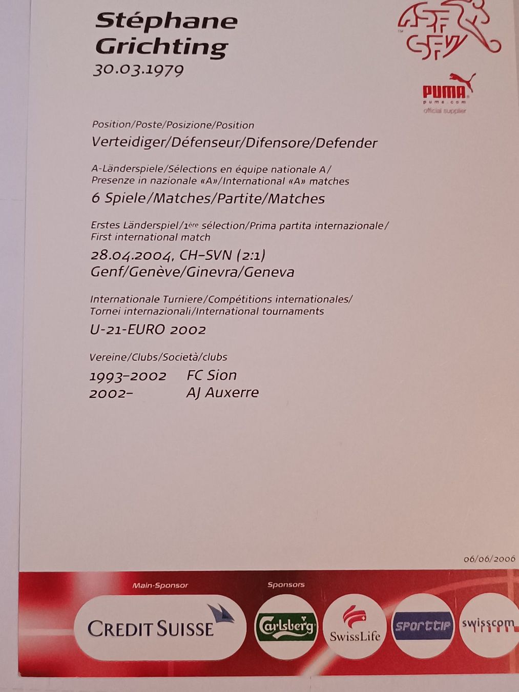 Autogramme: Stephane Grichtig - original Autogramm – Gebraucht aus Menziken von Artographs 1
