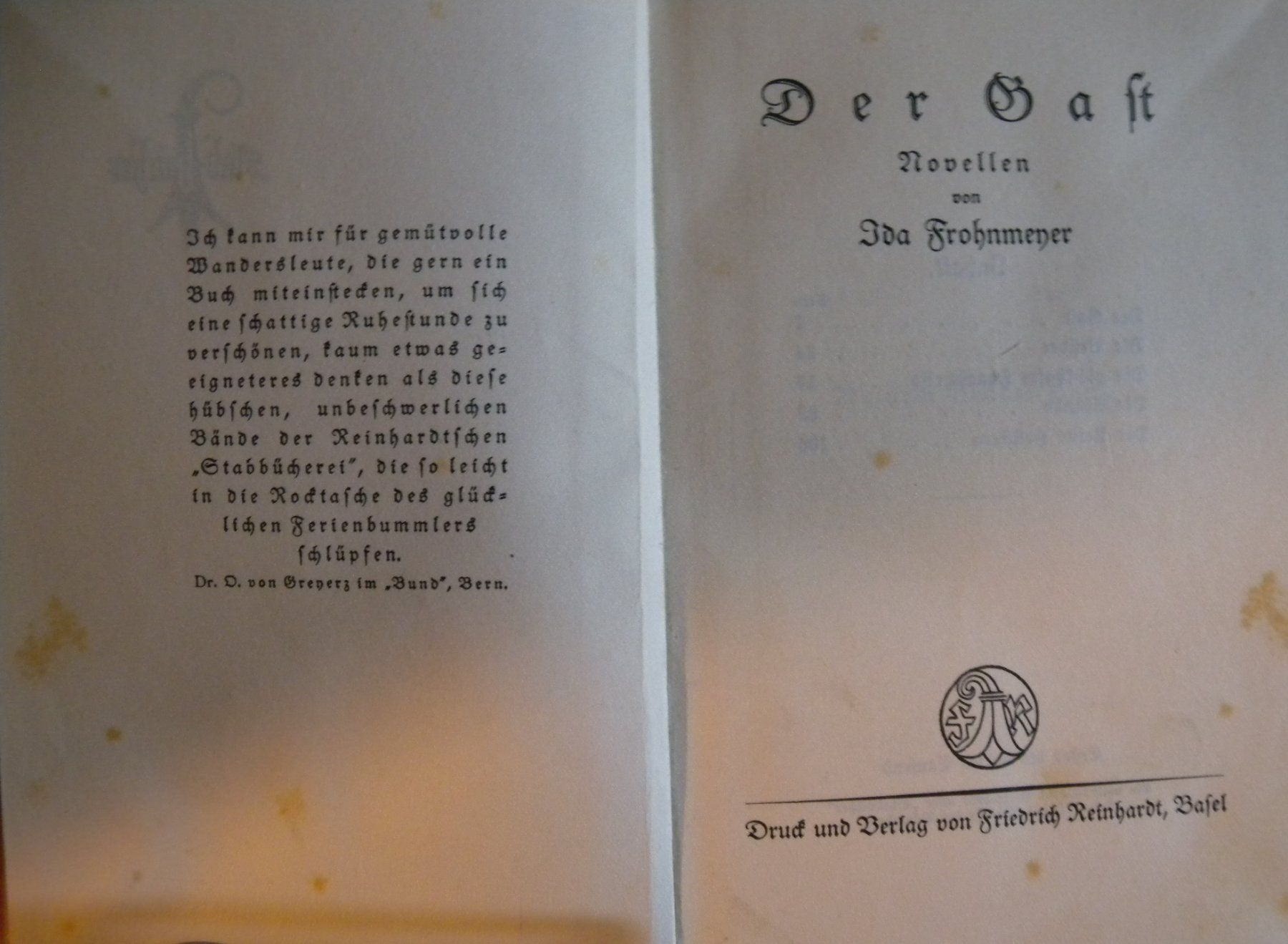 Libri: Der Gast, Novellen Ida Frohmeyer – Usato da Hauenstein venduto da davia72 1