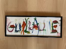 Tableau japonais, poissons et calligraphie