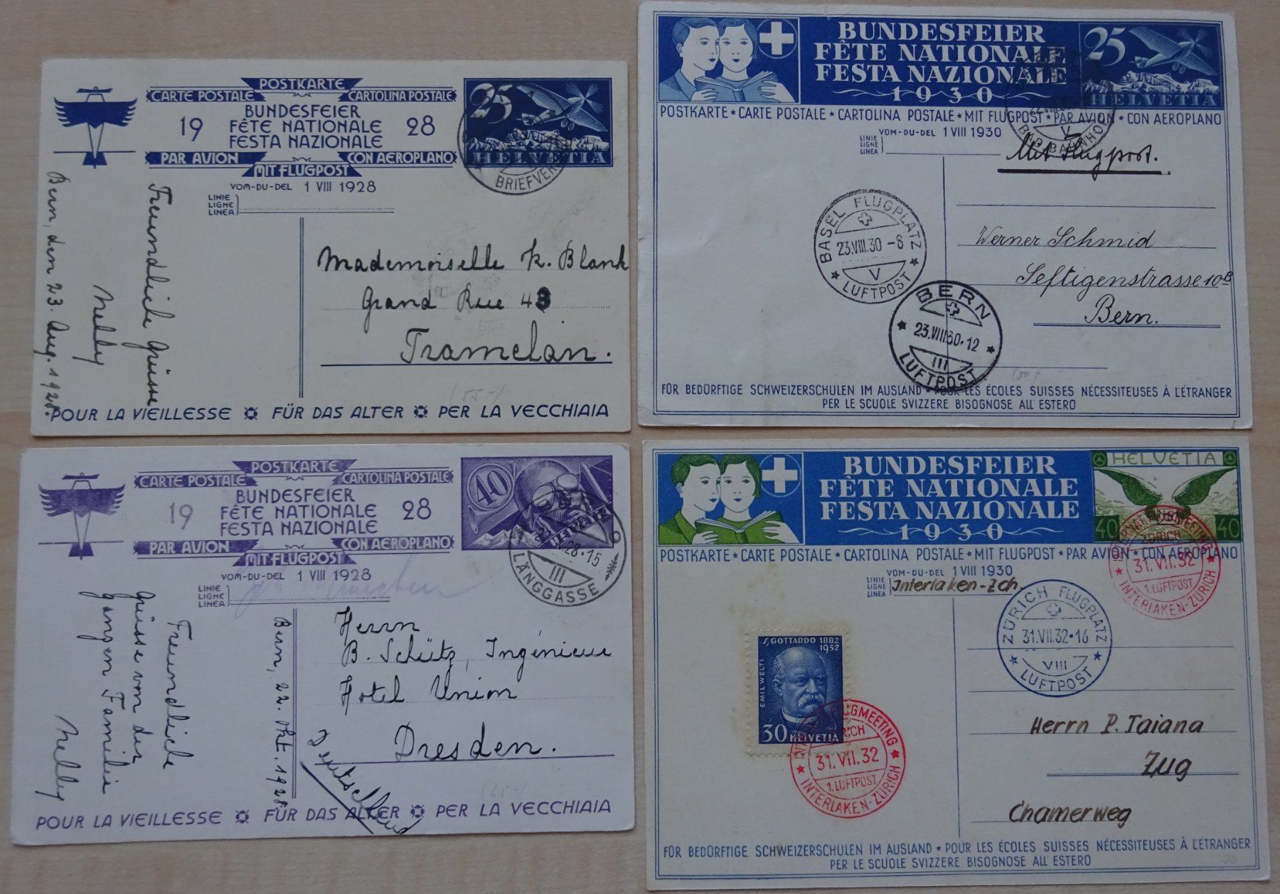 Tous les timbres: 4 Bundesfeierkarten/Flugpostkarten – D'occasion à Watt par Oo2rup5