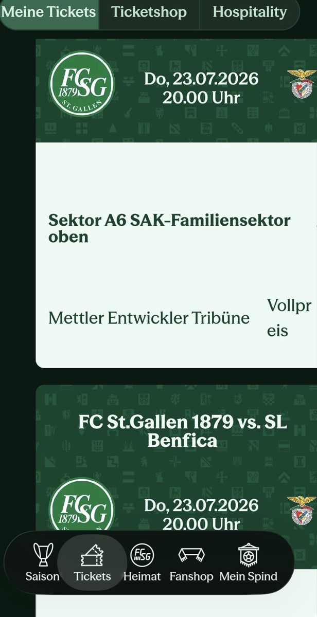 Biglietti: FCSG - Benfica / Sitzplatz Haupttribüne – Nuovo e nell'imballaggio originale da St.Gallen venduto da Sanggaller