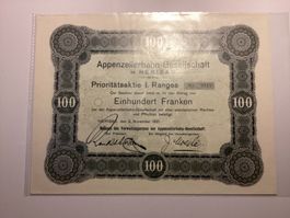 Aktie "APPENZELLERBAHN-GESELLSCHAFT“ 100 Franken 1921