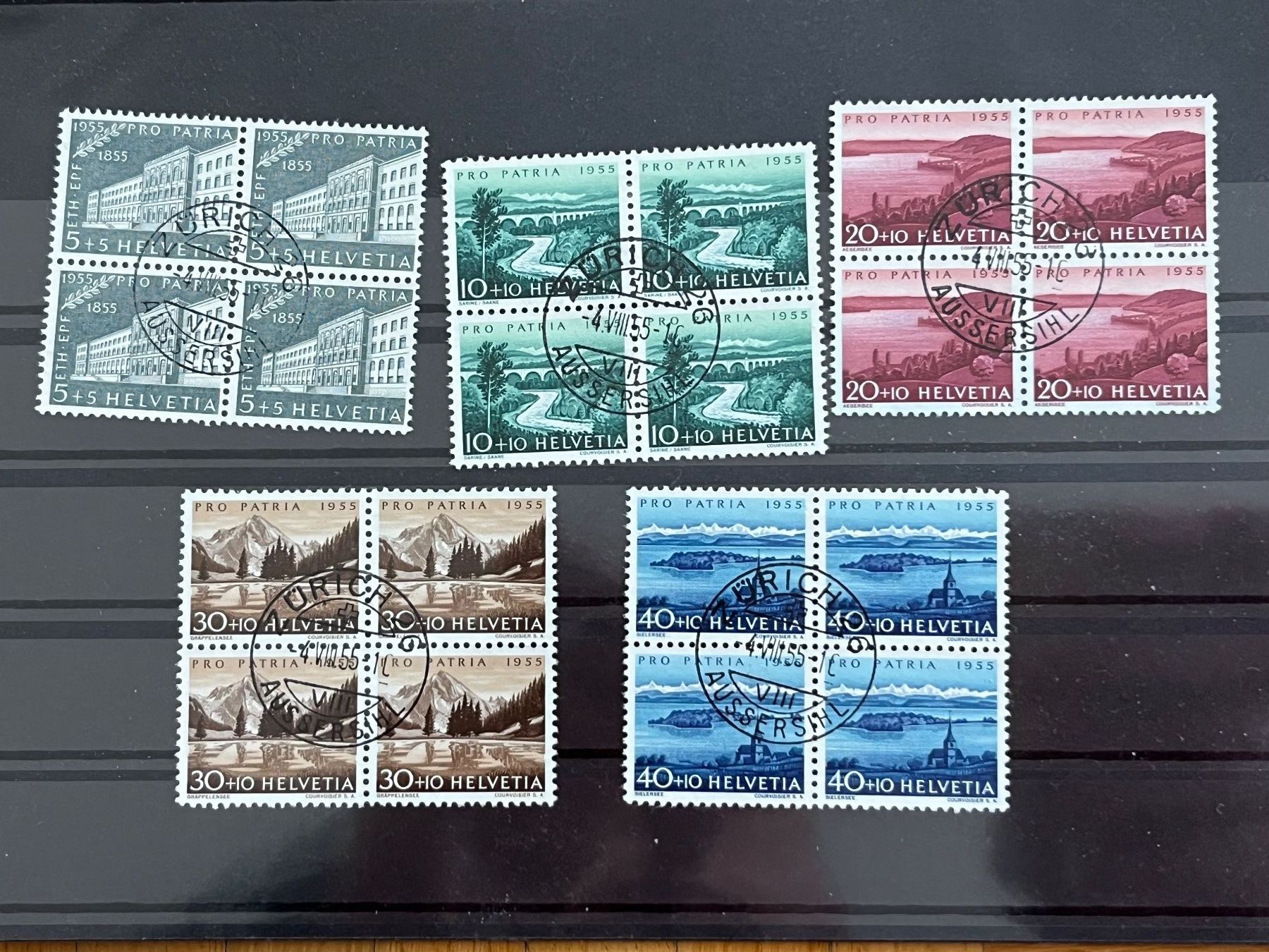 Tutti i francobolli: Pro Patria 1955, Satz Viererblocks, Vollstempel Aussersihl – Usato da Romanshorn venduto da luxcollect