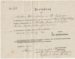 Baden Gerichtsvorladung nach Ober Siggingen (Obersiggenthal)