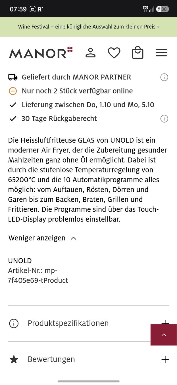 Elettrodomestici da cucina: Heissluftfritteuse Unold Glas – Usato da Kreuzlingen venduto da MeinKleinesAtelier 2