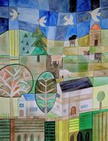 Original Aquarell "auf einem Hof" Bauernhof Bild Kühe
