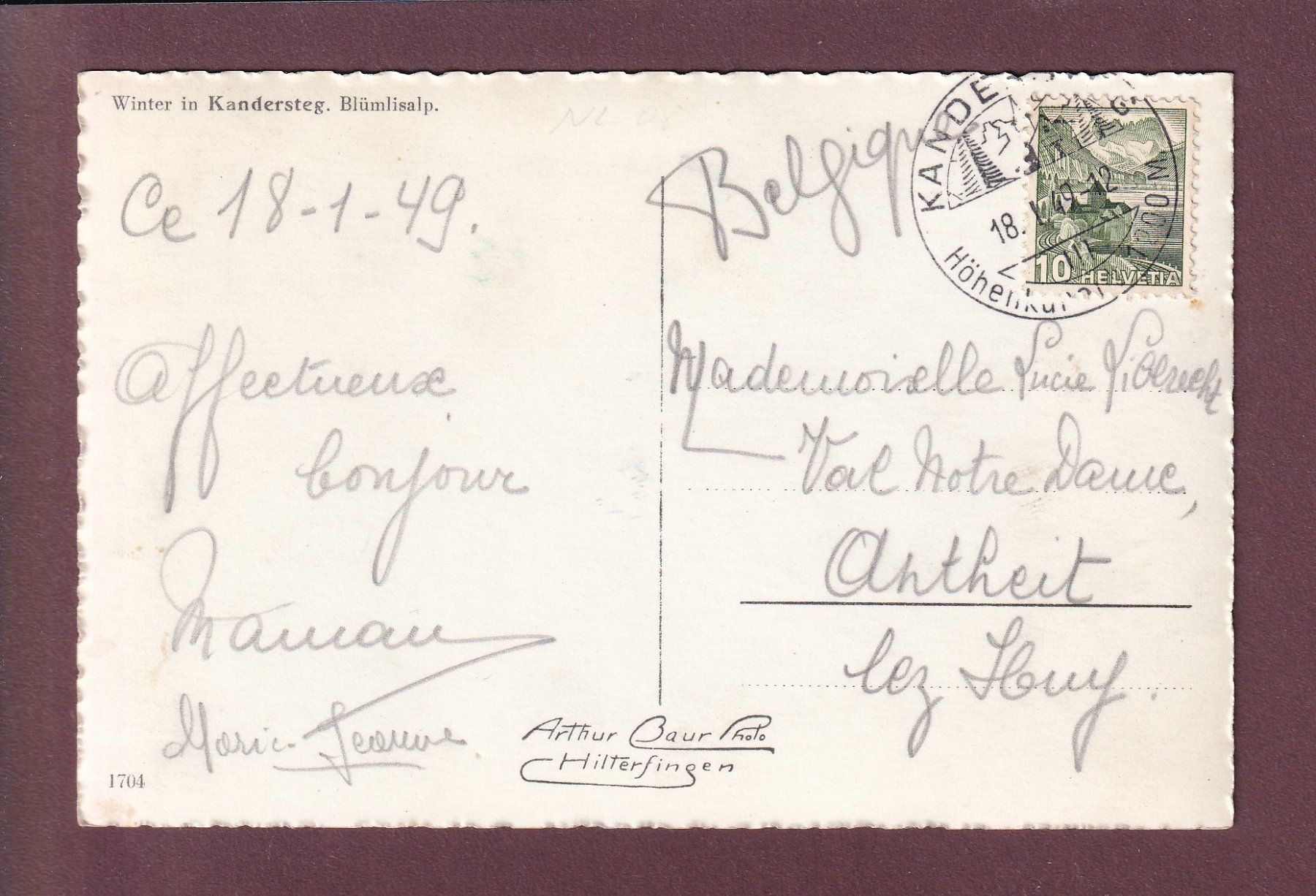 Ansichtskarten: Winter in KANDERSTEG - 1949 – Gebraucht aus Pully von nicecards 1