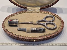 Silber Schere Etui 925 Fingerhut Nadelbehälter Antik Vintage