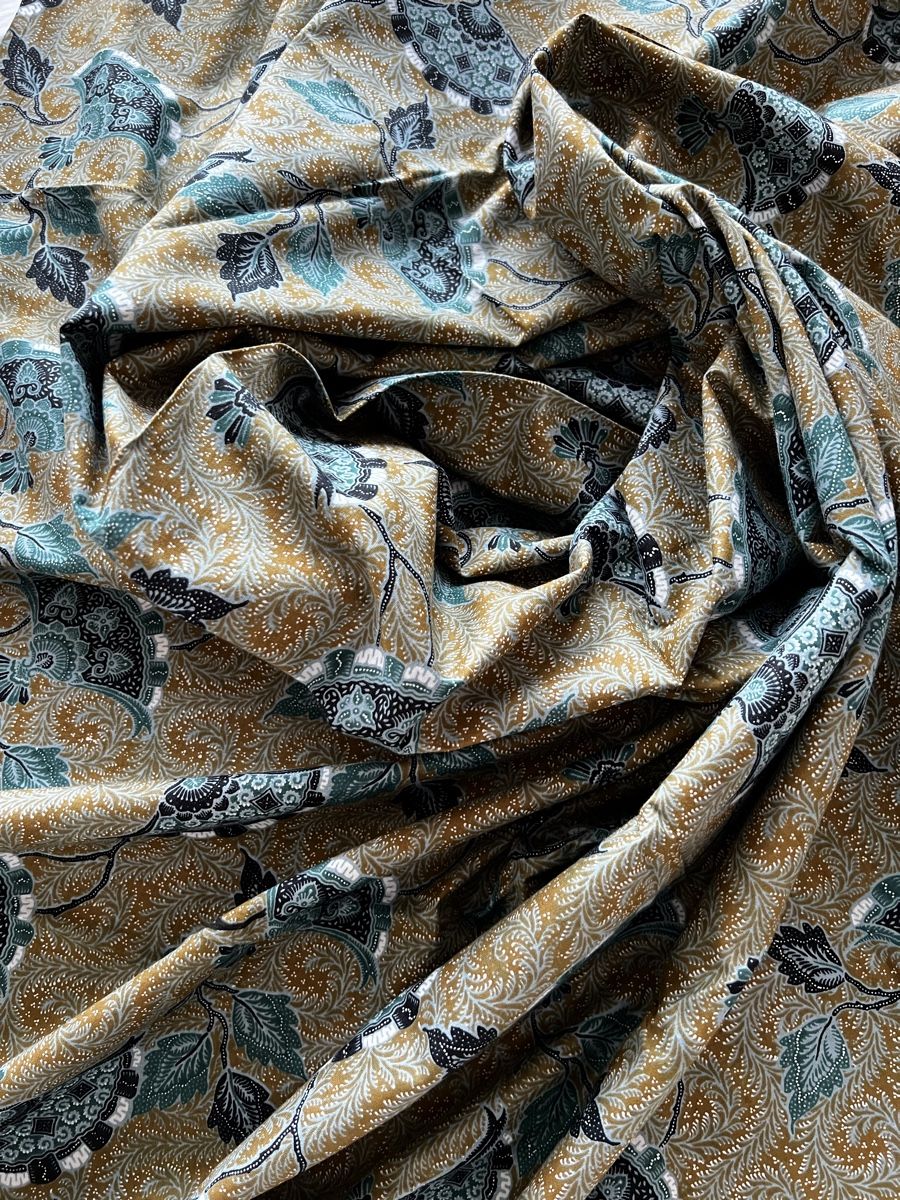 Tessuti: Eleganter Batik-Stoff, Baumwolle, dekorative Fächerblätter – Nuovo e nell'imballaggio originale da Moehlin venduto da Balirain 1
