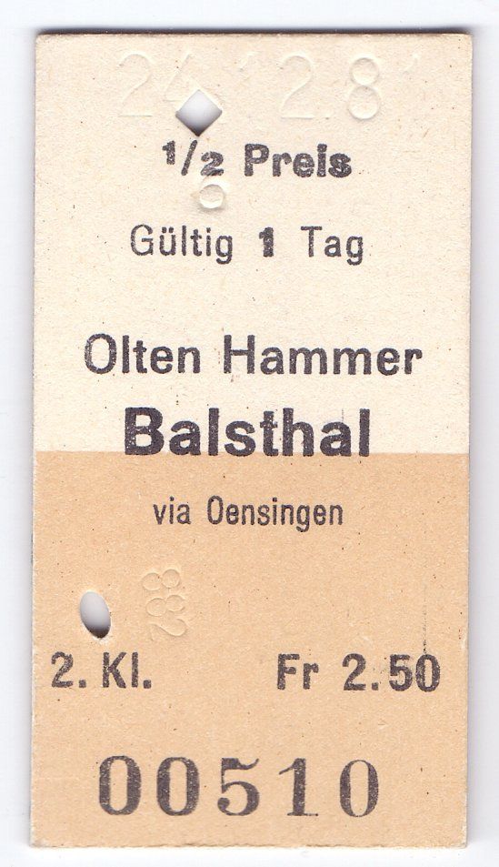 Biglietti: Billette Olten Hammer - Balsthal via Oensingen – Usato da Langenthal venduto da Sammlungs_aus