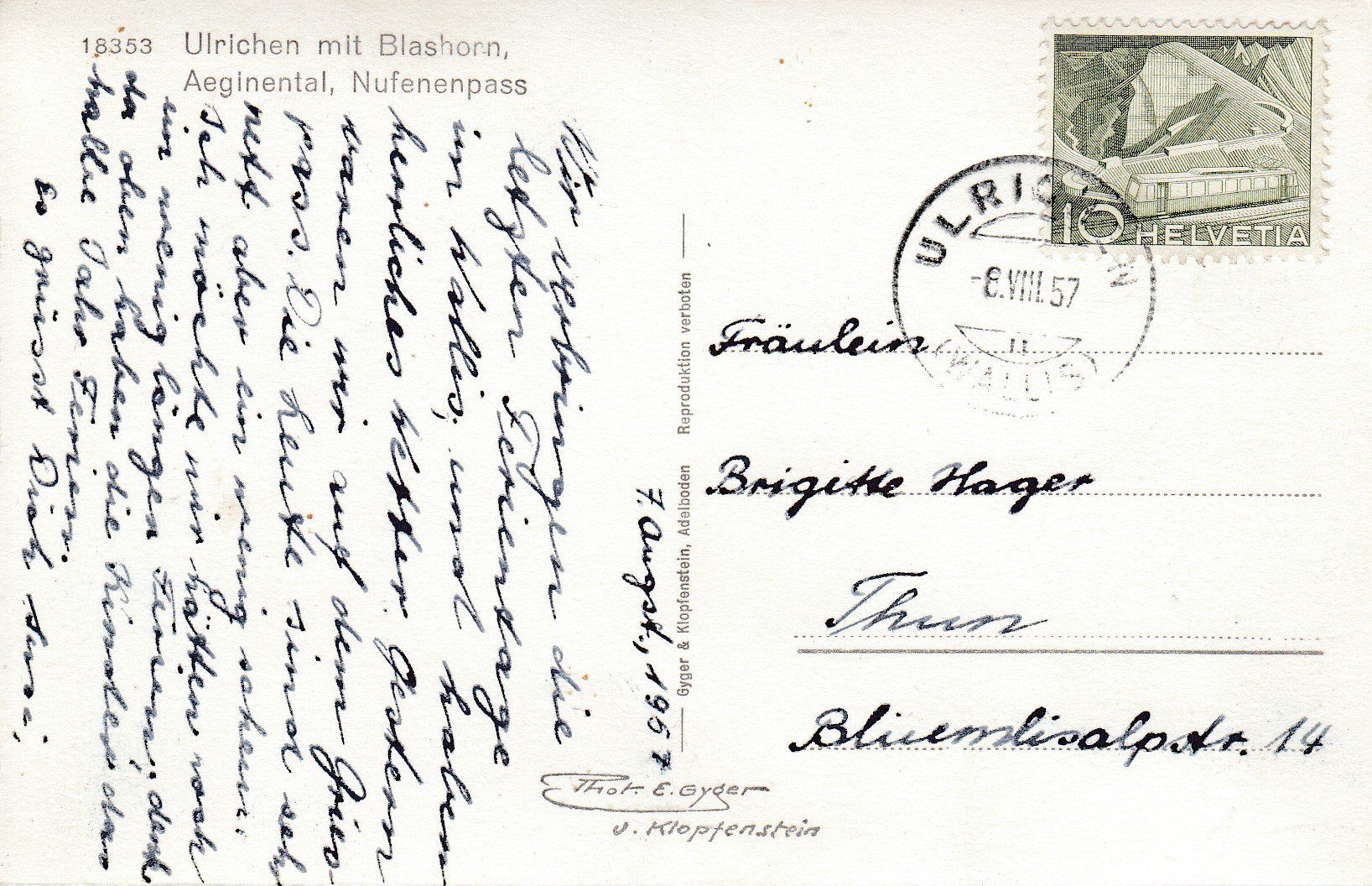 Cartoline postali: Ulrichen  VS   im Goms       um 1957 – Usato da Brig venduto da Valcards54 1