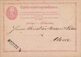 1874, SEDRUN (Stabstempel) auf 5 Rp.- GS-PK nach Chur.