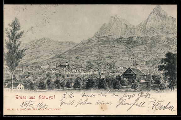 Cartoline postali: Schwyz, Ortsansicht mit Kirche und Bergk – Usato da Berlin venduto da bartko-reher