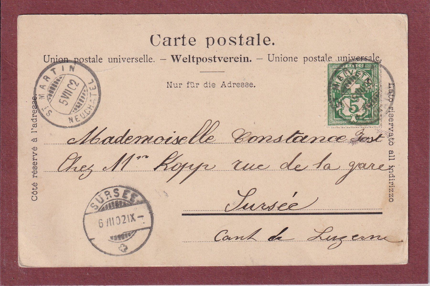 Ansichtskarten: Une route du Val de Ruz - 1902 - St.Martin – Gebraucht aus Orvin von Pyaeschli 1
