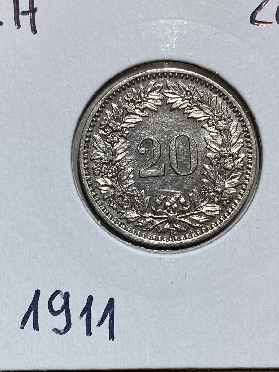 Tutti le monete: CH - 20 centimes - 1911 – Usato da Payerne venduto da Mike1682