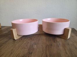 New Double Ceramic Pet Bowls with Bamboo Stand – Pink