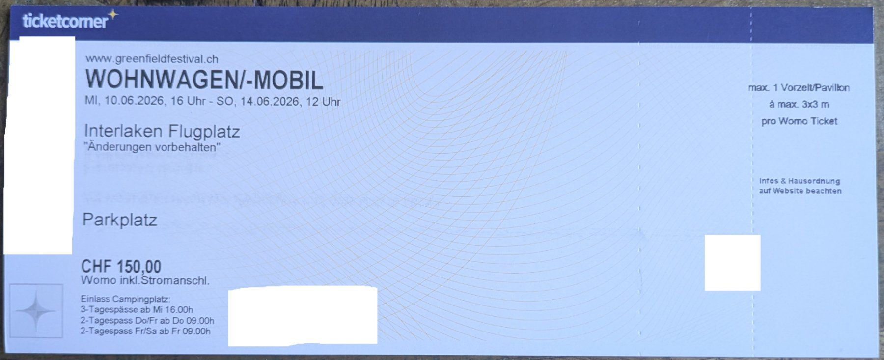Biglietti: Greenfield WOMO Ticket 2026 – Nuovo e nell'imballaggio originale da Zürich venduto da Singollo