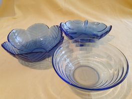 3er Set blaue Glas-Schalen Vintage / Kobaltblau