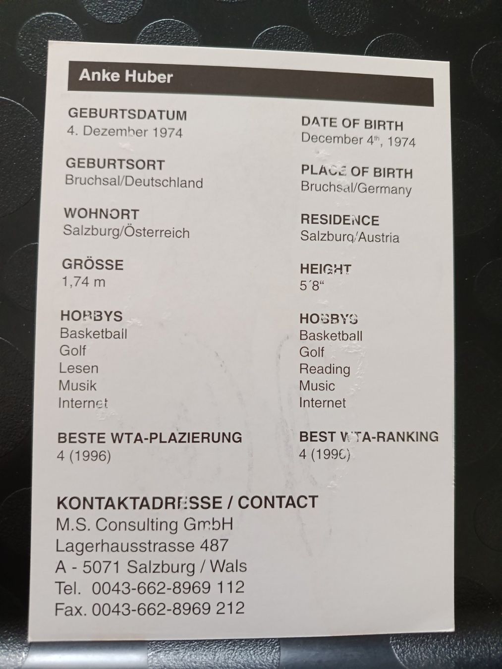 Autogramme: Anke Huber  - handsignierte Autogrammkarte – Gebraucht aus Menziken von Artographs 1