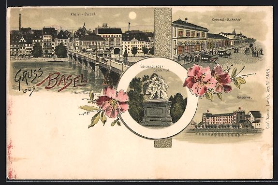 Cartoline postali: Litho Basel, Central-Bahnhof, Kaserne, S – Usato da Berlin venduto da bartko-reher