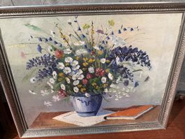 Tableau de fleurs vintage signé, peinture à l'huile