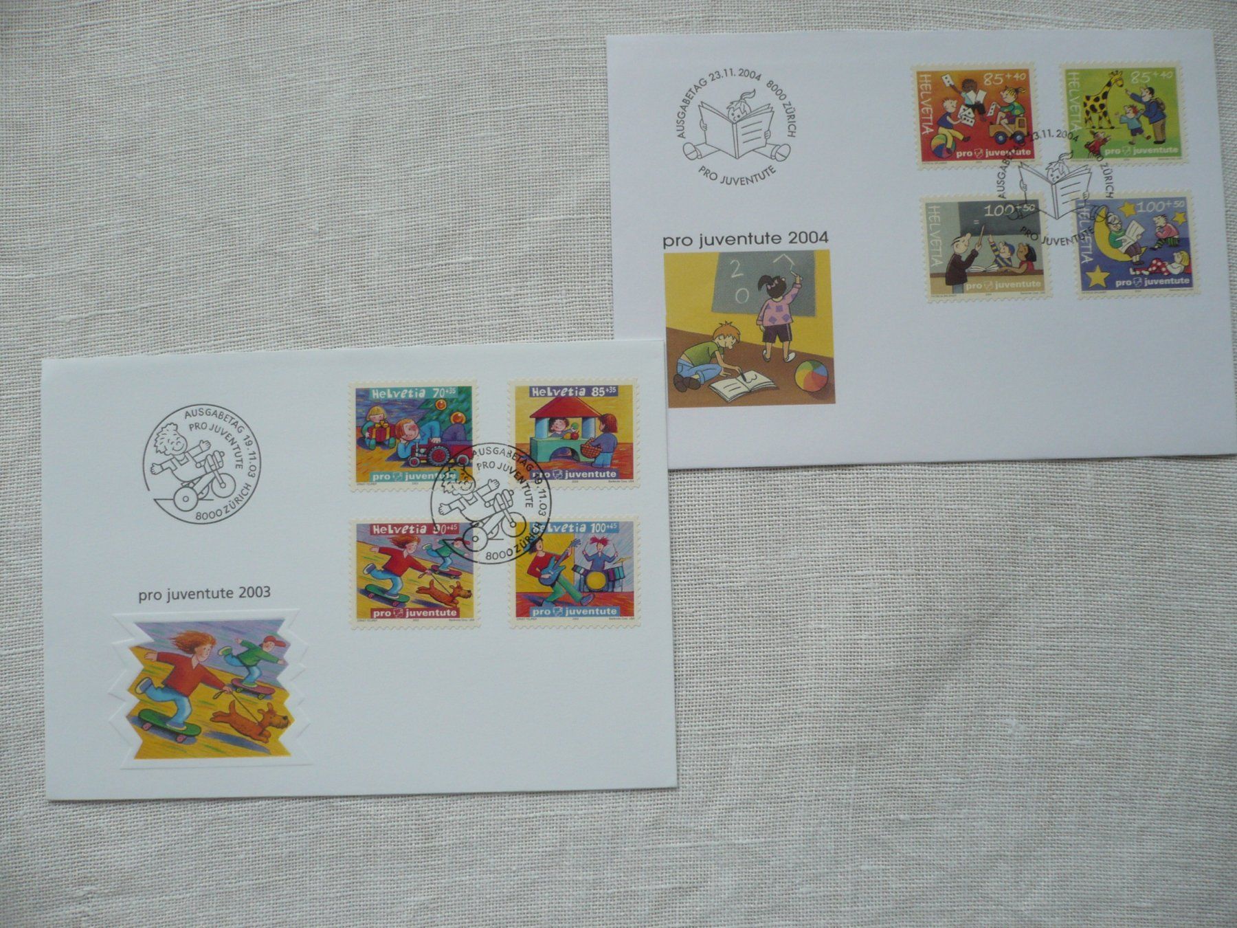 Tutti i francobolli: Pro Juventute 2003 - 2004 2 FDC SBK J369 - J376 – Usato da Zürich venduto da saltandpepper008