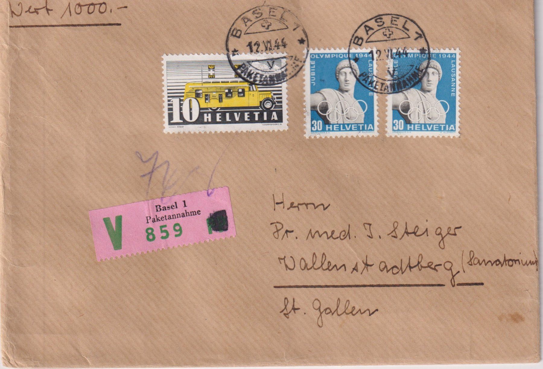 Alle Briefmarken: TOP Siegelbrief Basel-St.Gallen -12.VI 44++++ – Gebraucht aus Samnaun-Compatsch von Muckimu