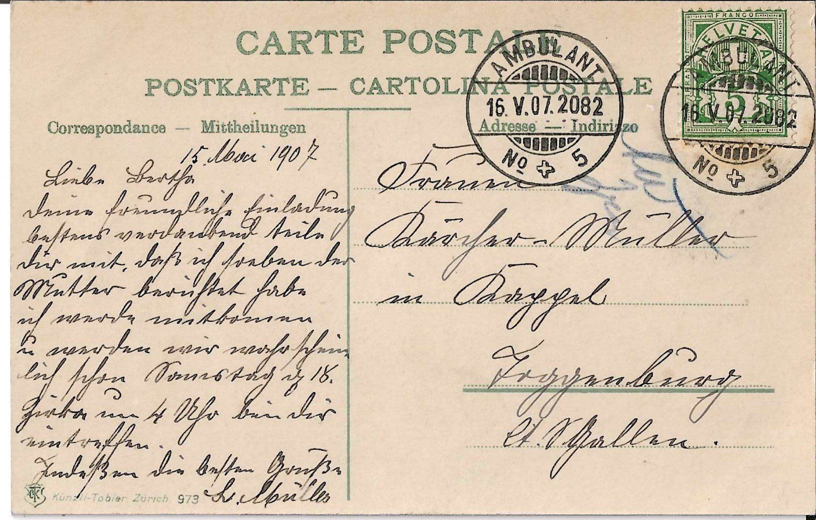 Cartoline postali: Karte Wädenswil 1907 – Usato da Zürich venduto da Philacat11 1
