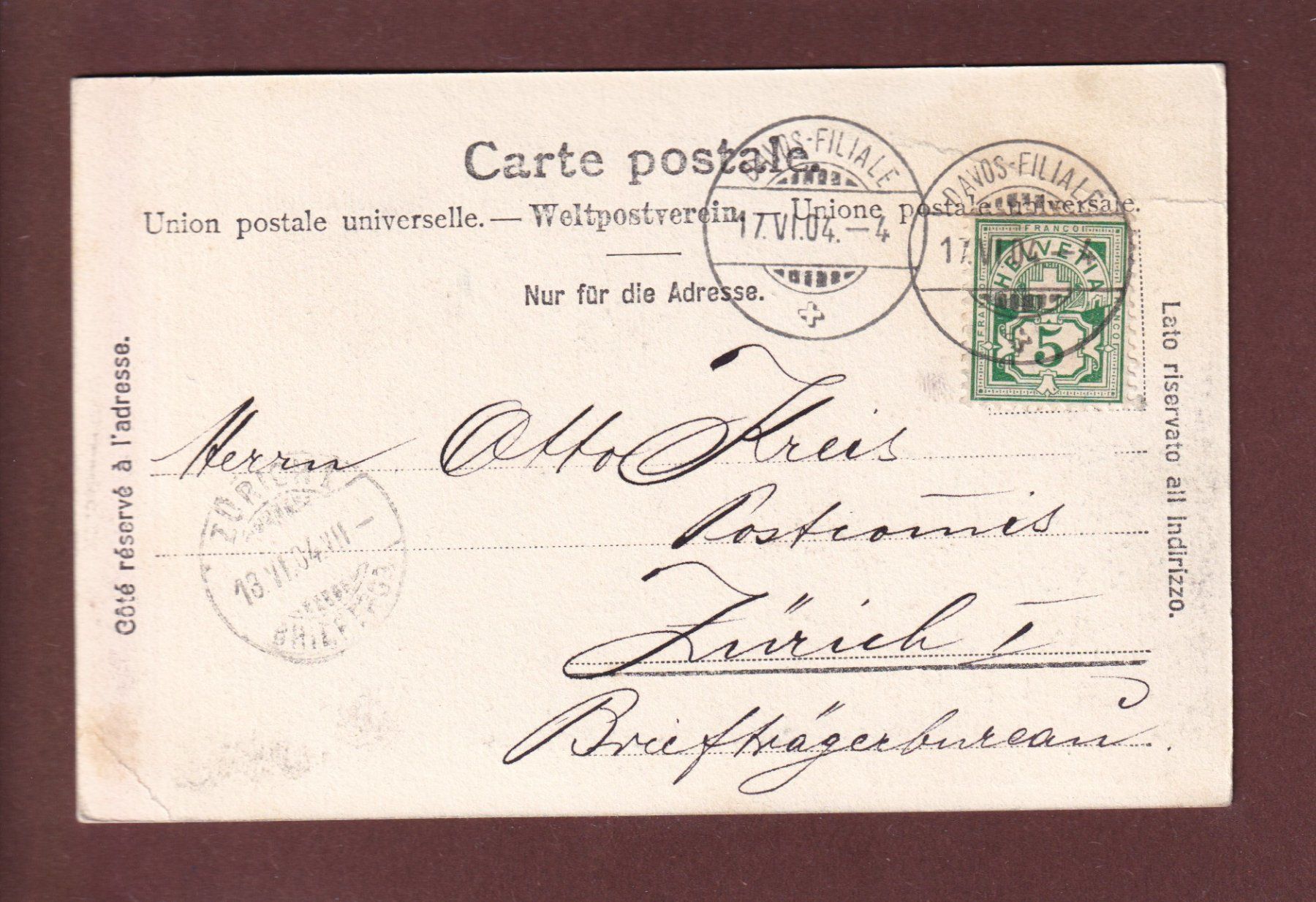 Cartoline postali: DAVOS-PLATZ - Schatzalp - 1904 – Usato da Pully venduto da nicecards 1