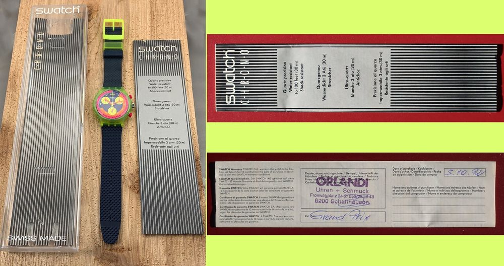 Swatch Orologi: ungetragener (!) 1992 Swatch Chronograph GRAND PRIX (SCJ101) – Nuovo e nell'imballaggio originale da St.Gallen venduto da Clu 8