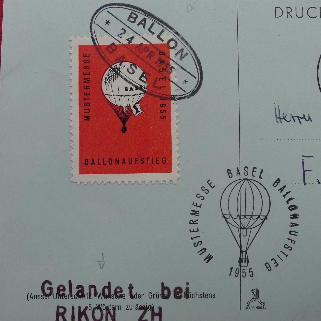 Tutti i francobolli: 1955: Ballonpost mit Vignette, BASEL-RIKON ZH – Usato da Sursee venduto da Luzernerraute 1