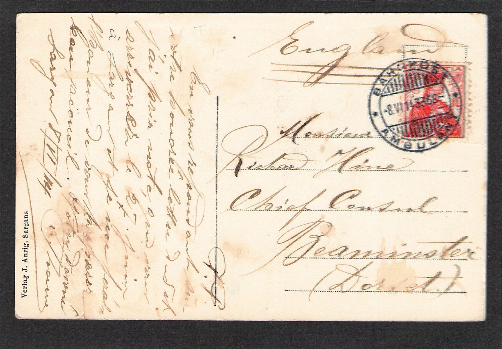 Cartoline postali: AK, SG Sargans,Hotel Thoma , 1914 – Usato da Reichenburg venduto da Pipo-67 1