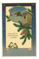 Neujahr - viel Glück - Vögel - Nistkasten - Präge-Litho