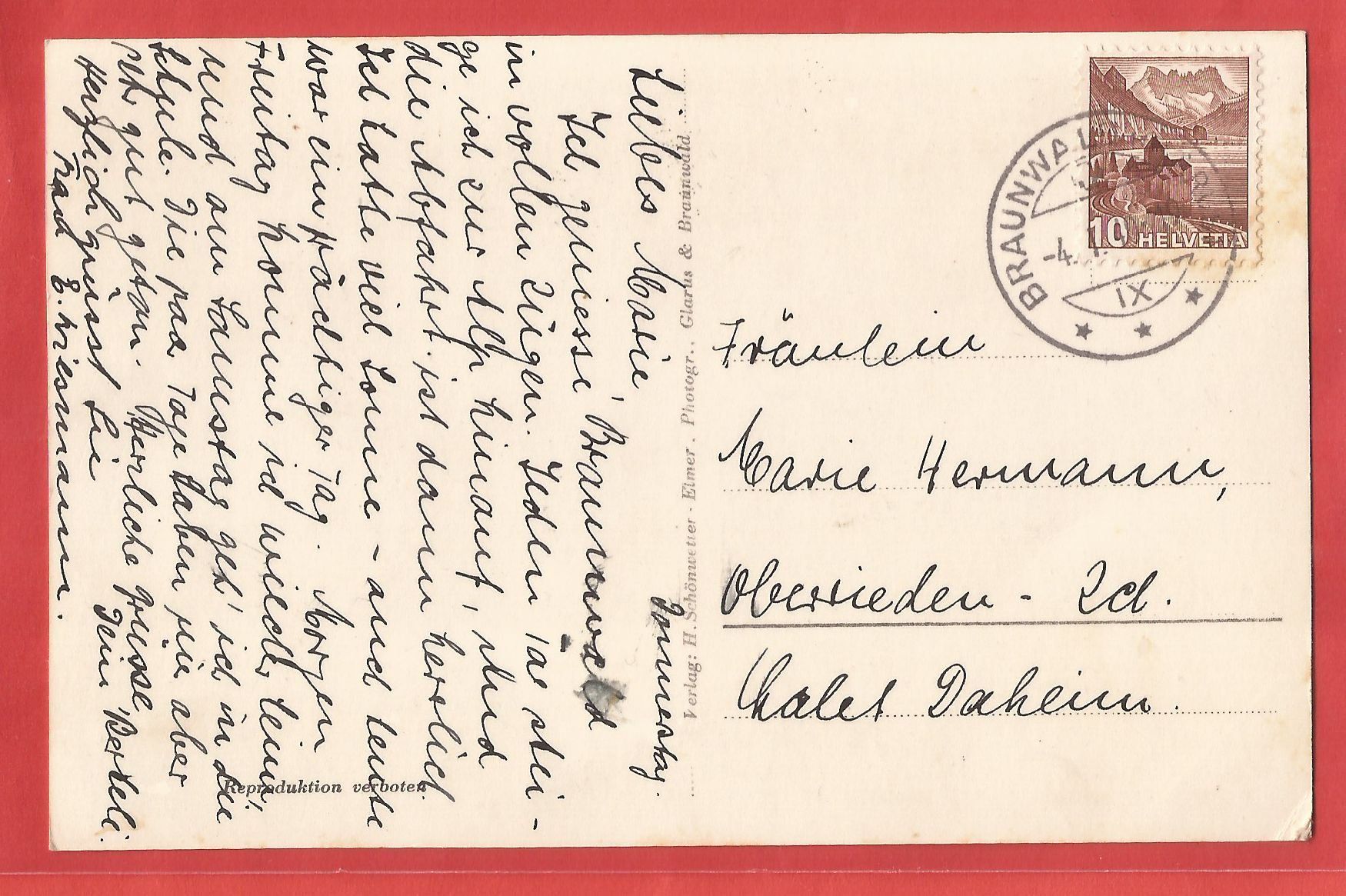 Cartoline postali: Braunwald - Schulhausquartier - 1940 – Usato da Fislisbach venduto da Porano 1