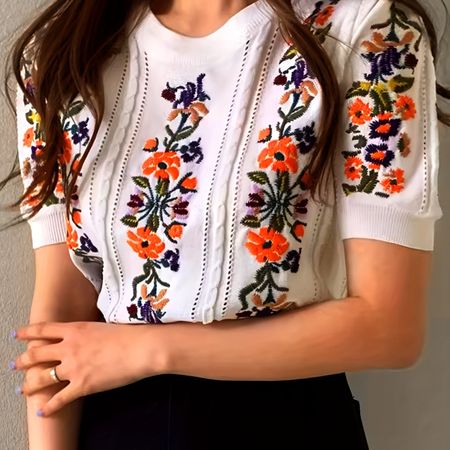 Blumen Stickerei Pullover Shirt Pulli Bluse weiss Gr.S