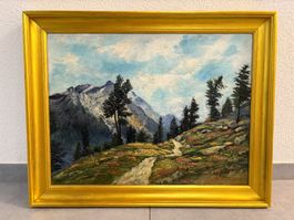 69x55hoch/ A. Steiger/ Öl Gemälde Berglandschaft Weg Bäumen