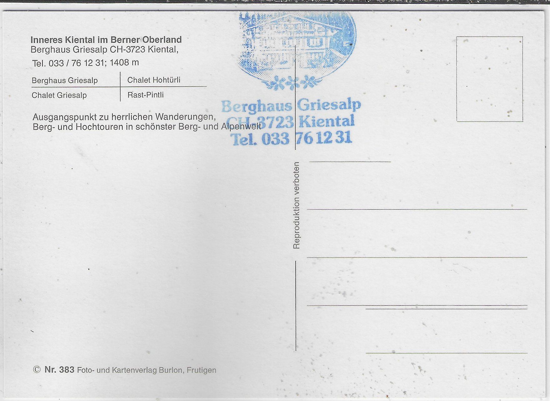 Cartoline postali: Berghaus Griesalp - Kiental - Multiview – Usato da Ettingen venduto da Kartenplanet 1