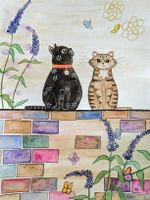 Original Aquarell Katzen auf der Mauer von mir gemalt