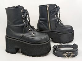 Demonia Ashes-57 – Schwarze Plateau-Stiefeletten, Gr.37 US7