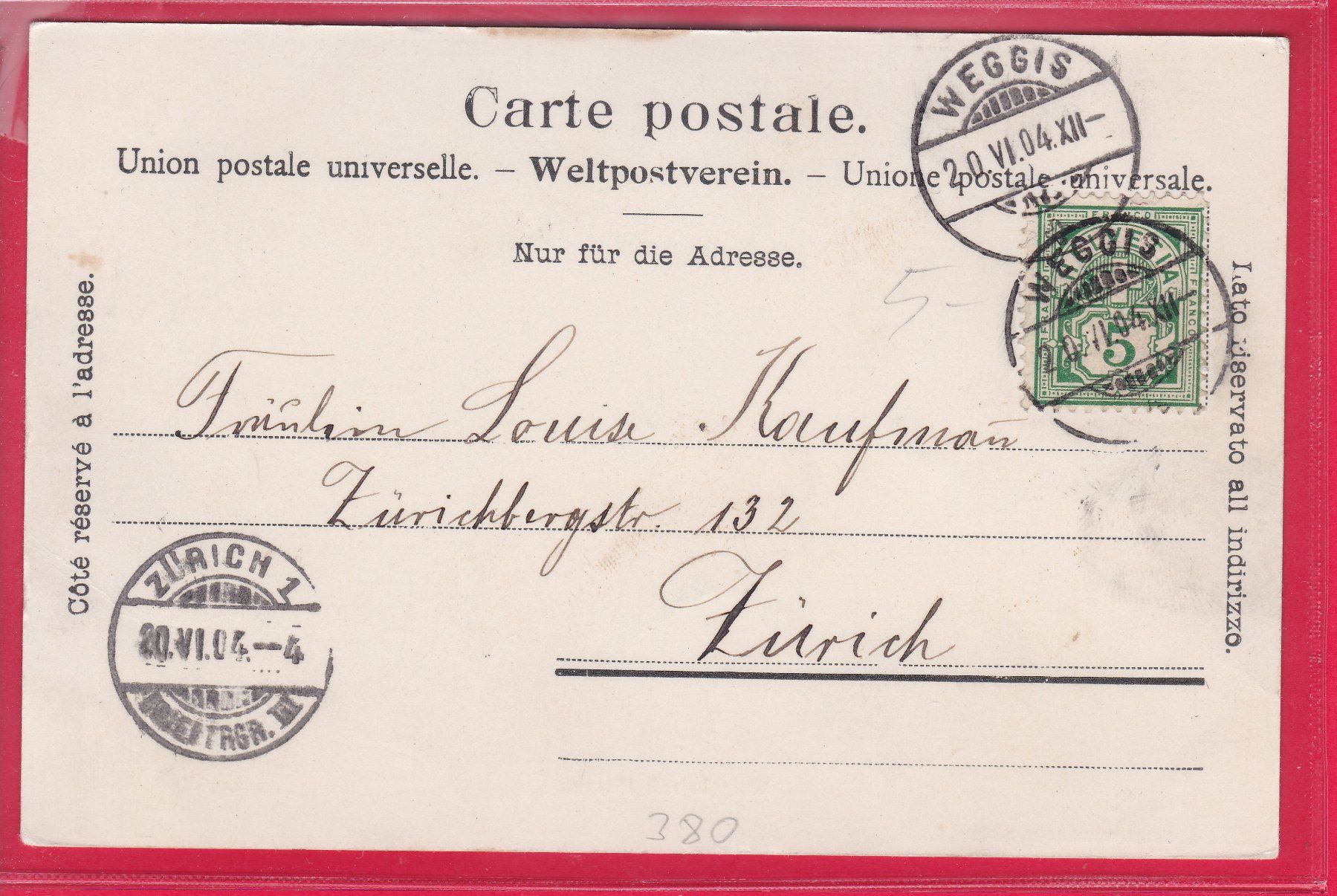 Cartoline postali: WEGGIS MIT PILATUS, 20.6.1904 – Usato da Oberrieden venduto da Gebirgsstelze 1