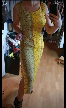 Vintage Sommerkleid gelb gemustert Gr.38 mit Schlitz am Bein