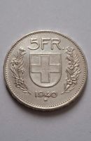 5 FRANKEN SILBERMÜNZE 1940 SEHR SCHÖN