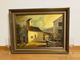 84cm breitx 64cm hoch/L Wolfinger '80 Öl Gemälde Dorf Szene