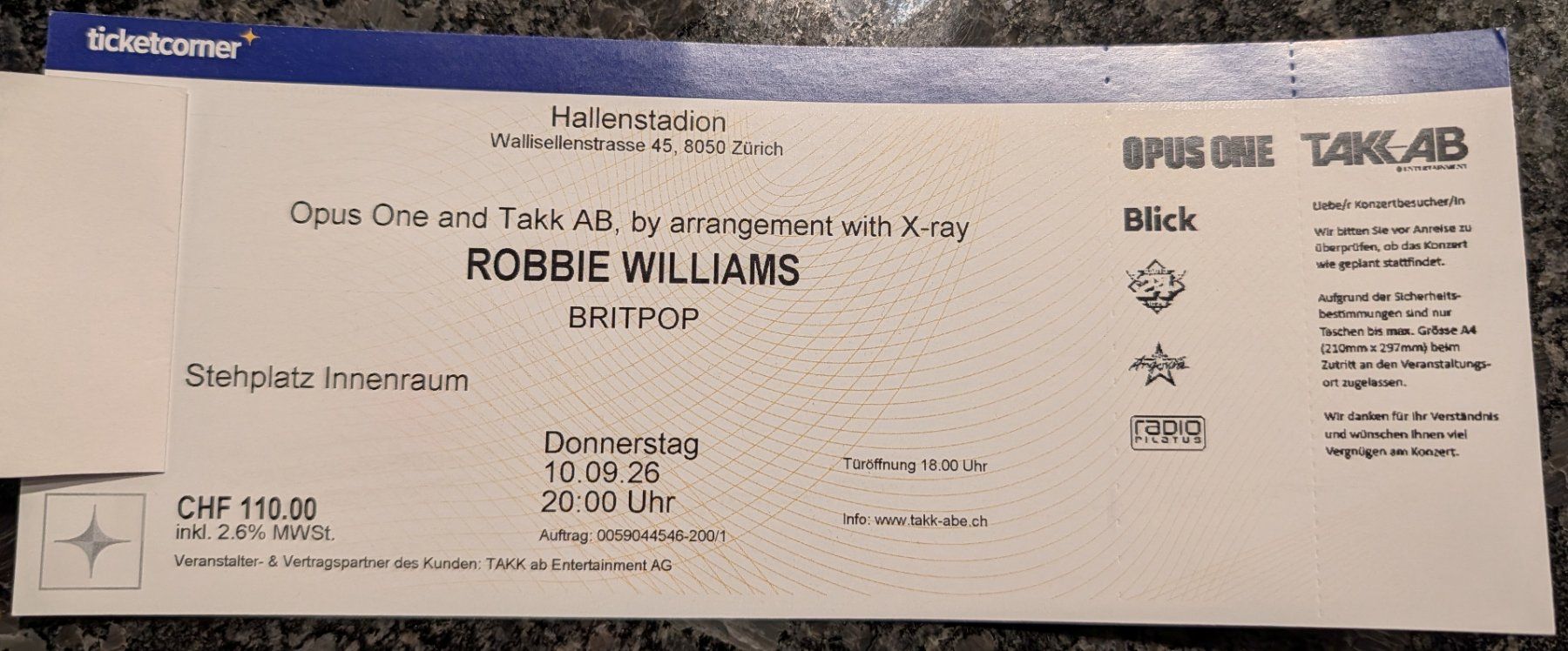 Biglietti: Robbie Williams Hallenstadion – Nuovo (secondo la descrizione) da Pfäffikon ZH venduto da tjucker68