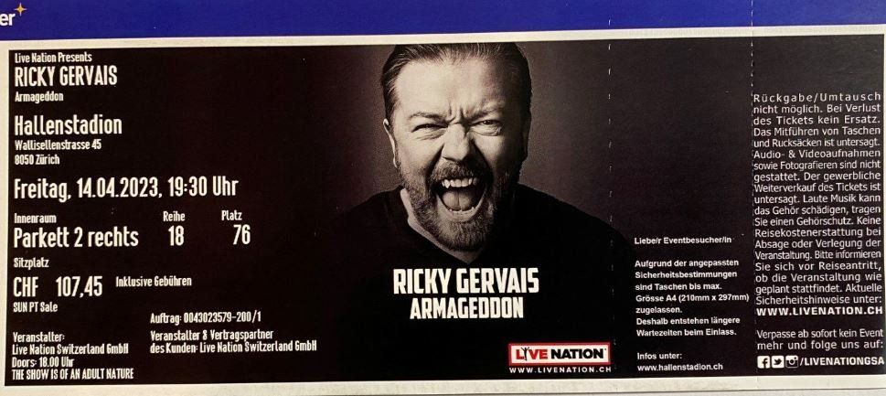 Ricky Gervais - ARMAGEDDON, Zürich 14.04.2023 | Kaufen auf Ricardo