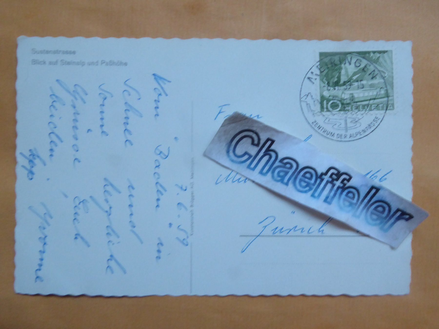 Cartoline postali: 1959 Szstenstrasse, Blick auf Steinalp – Usato da Zürich venduto da Chaeffeler 1