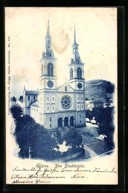 Cartoline postali: AK Glarus, Totalansicht der Stadtkirche – Usato da Berlin venduto da bartko-reher