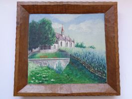 GEMÄLDE KIRCHE AUF HÜGEL OEL AUF HOLZ