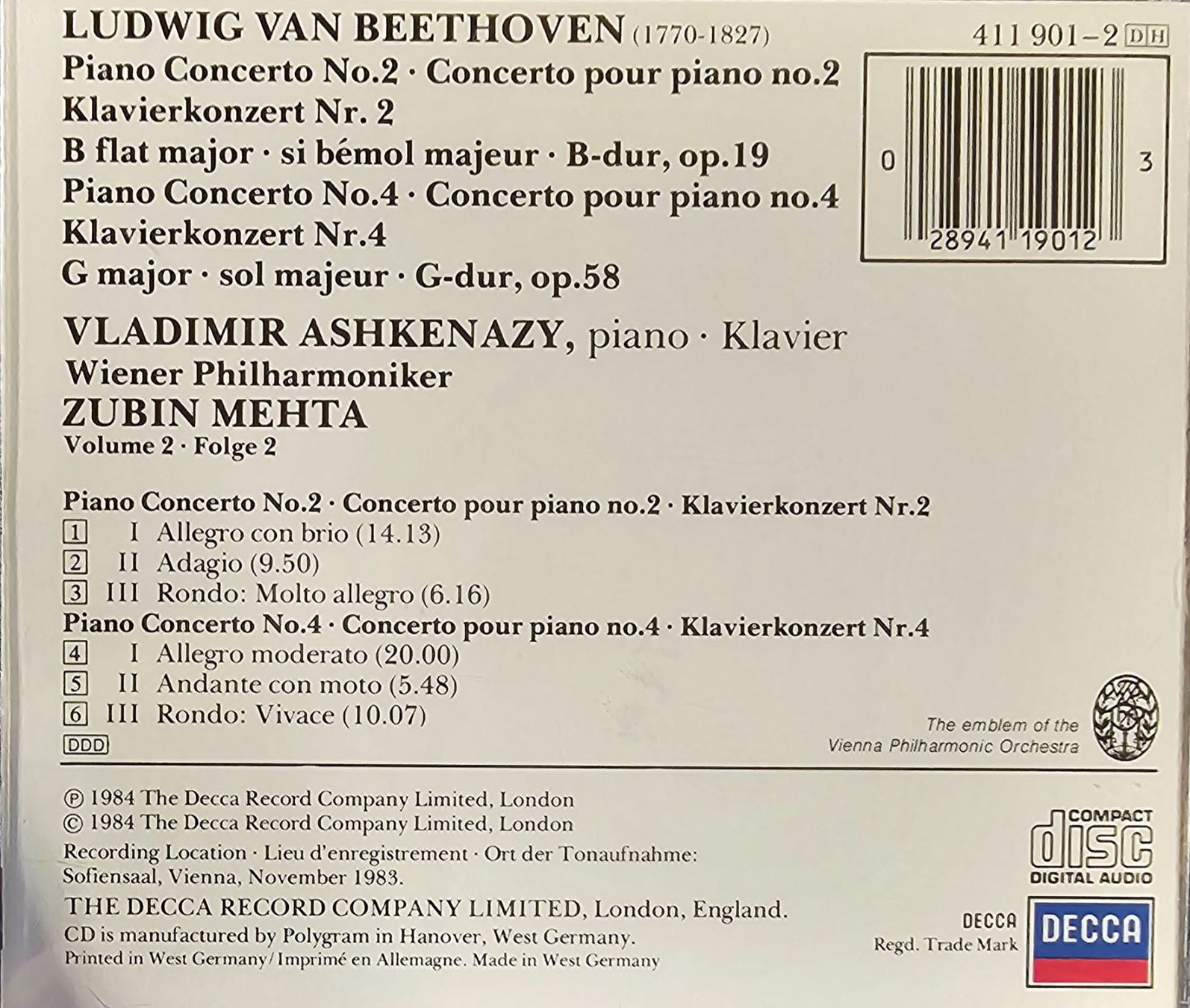 CDs: Beethoven - Piano Concertos Nos. 2 & 4 – Gebraucht aus Wahlen b. Laufen von Cg10 1