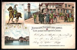 Lithographie Zürich, Hans Waldmann zu Pferd, historische Sta